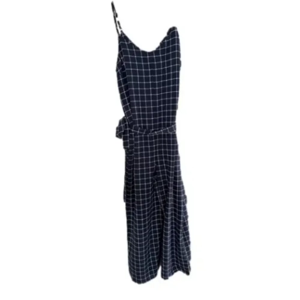MONTEAU Jumpsuit Gigham Plaid Tie Waist Spaghetti Strap Sleeveless Blue Size S
